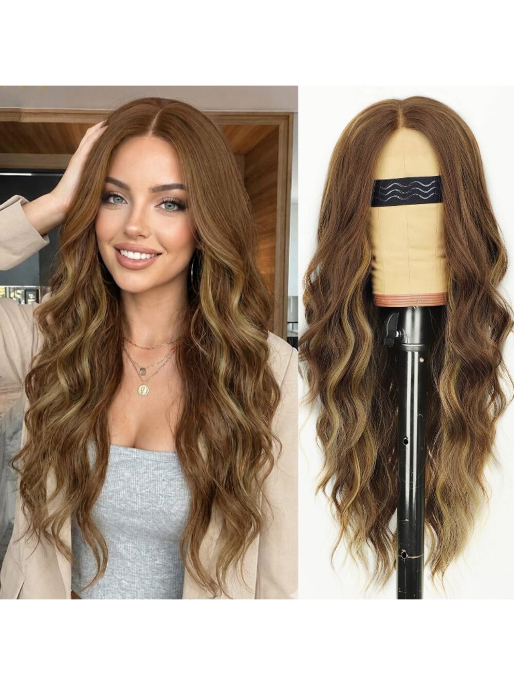 Women's Caramel Brown Lace Hairline 26 Inch Synthetic Heat Resistant Wavy Wigs